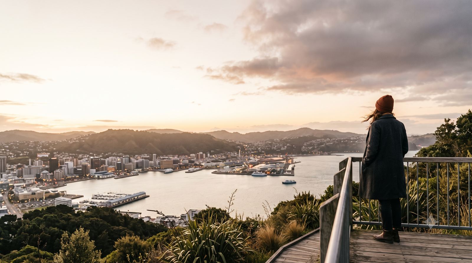 Person at a Wellington lookout gazing over the harbour at dawn