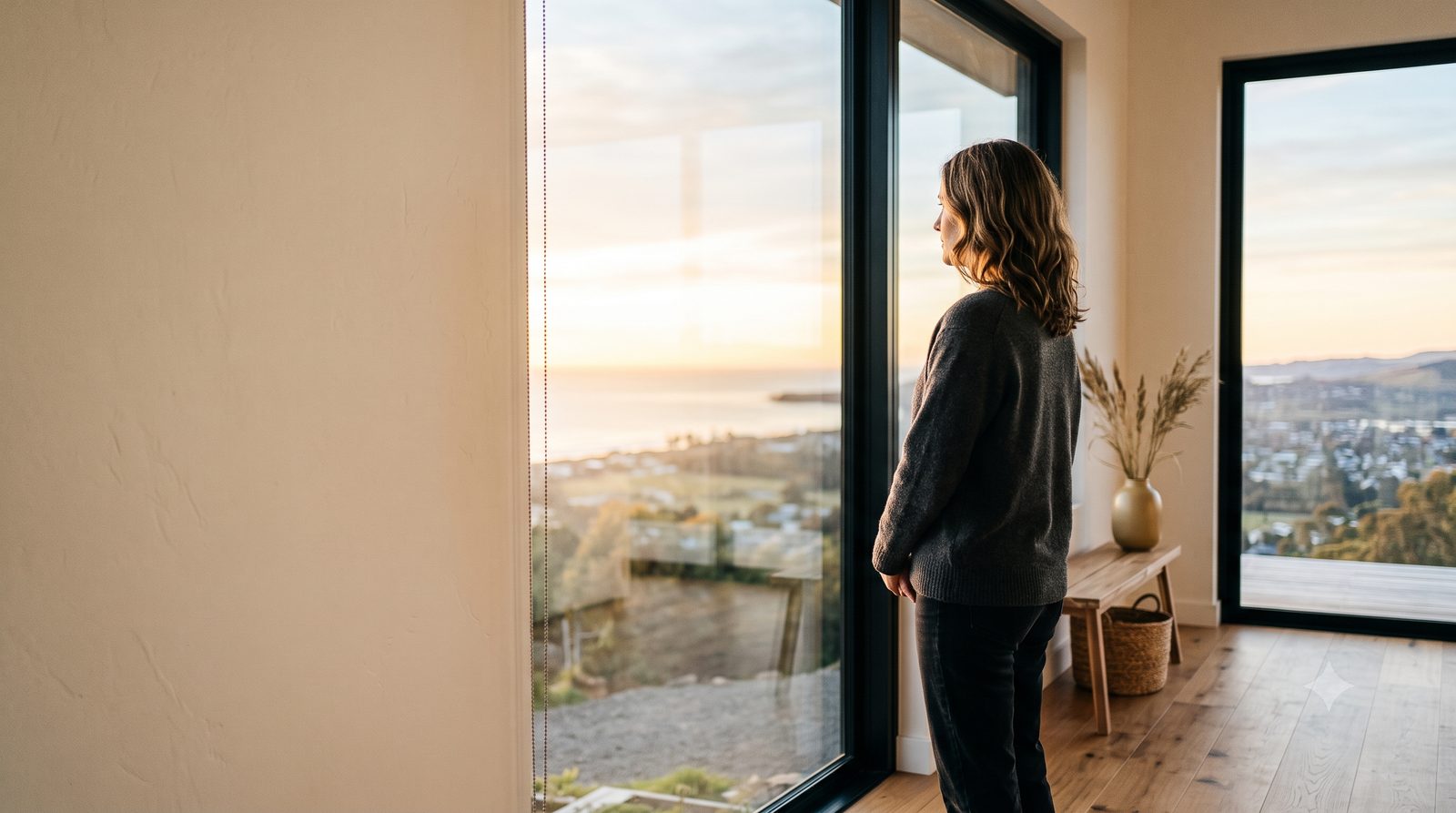 Person standing by a window looking out over a harbour, reflecting after separation