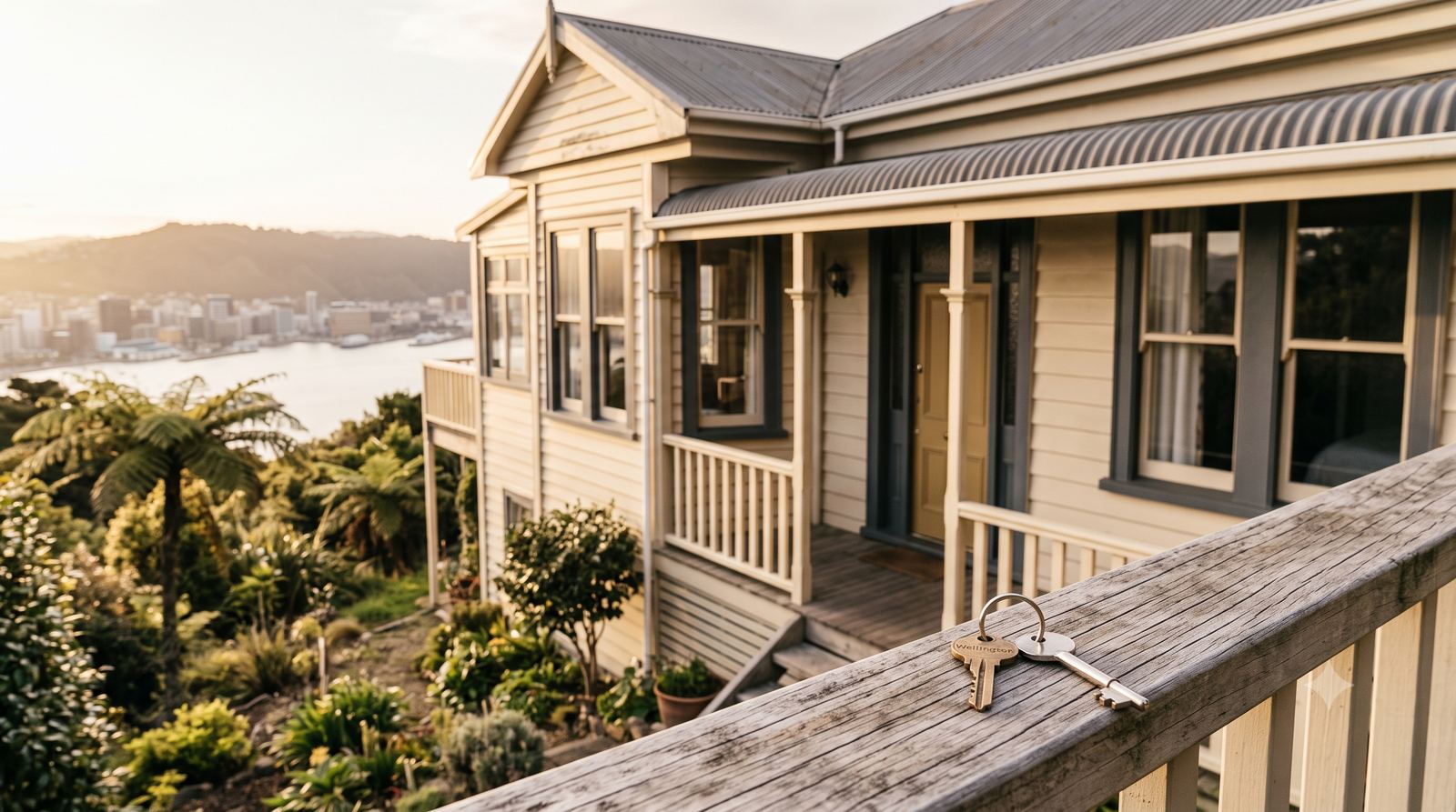 A Wellington villa in morning light with two sets of keys on the porch rail
