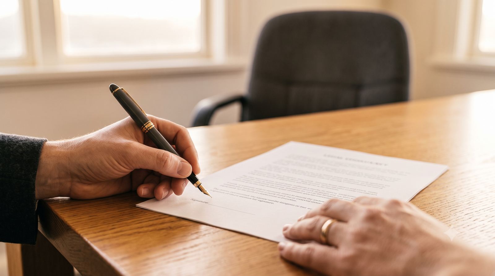 Signing a separation agreement with a fountain pen at a wooden table