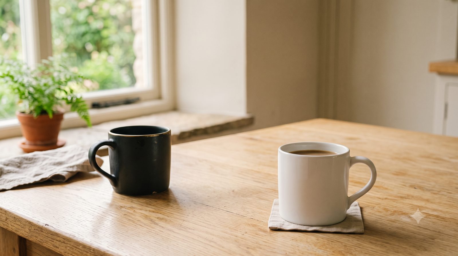 Two coffee mugs placed apart on a kitchen table, representing separation