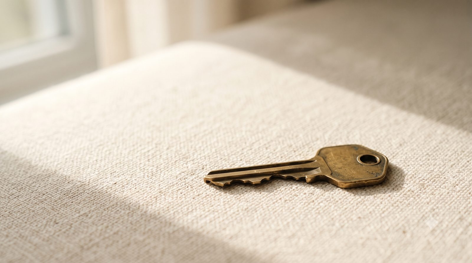 A single house key on linen, representing dividing the family home after separation