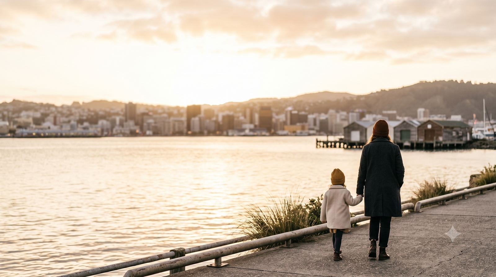 Parent and child walking hand in hand along the Wellington waterfront