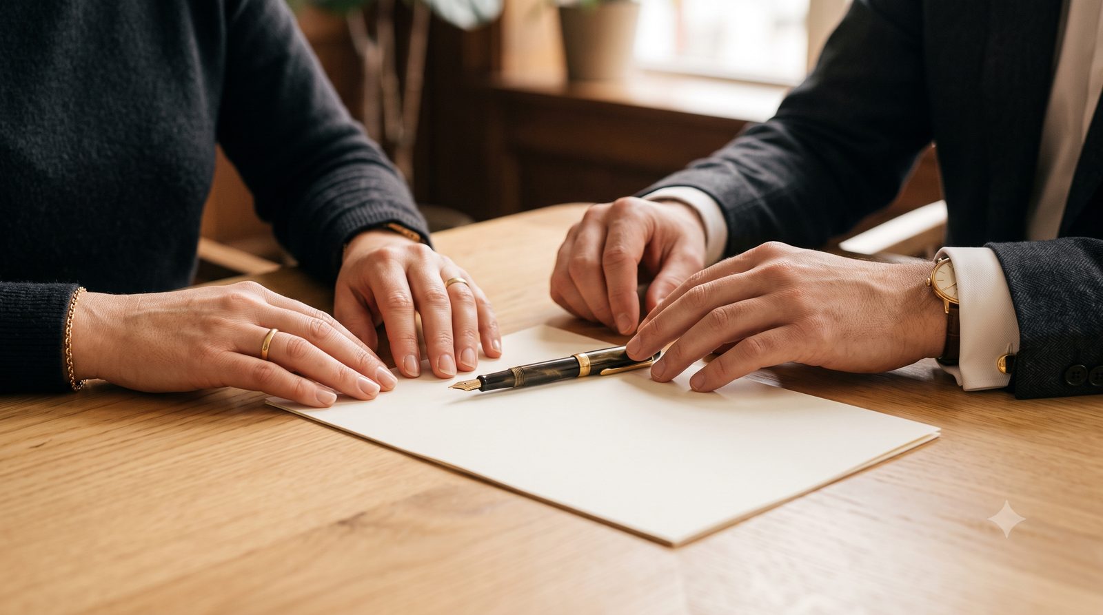 Two people signing a separation agreement at a table with a fountain pen
