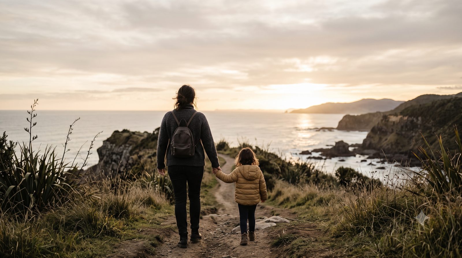 A parent and child walking hand in hand along a New Zealand coastal path at sunset