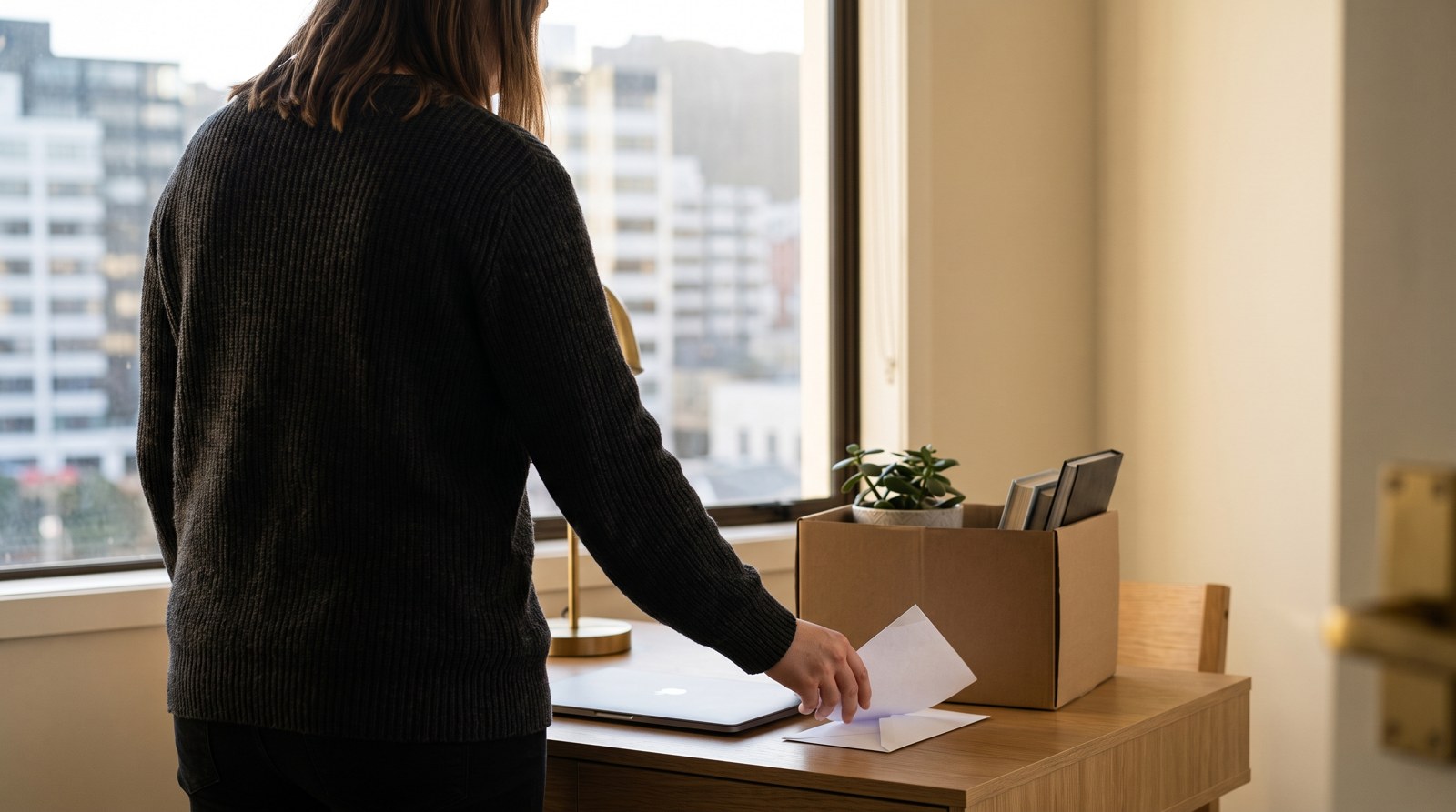 Person seen from behind placing a resignation letter on an office desk beside a box of personal items, Wellington buildings outside the window