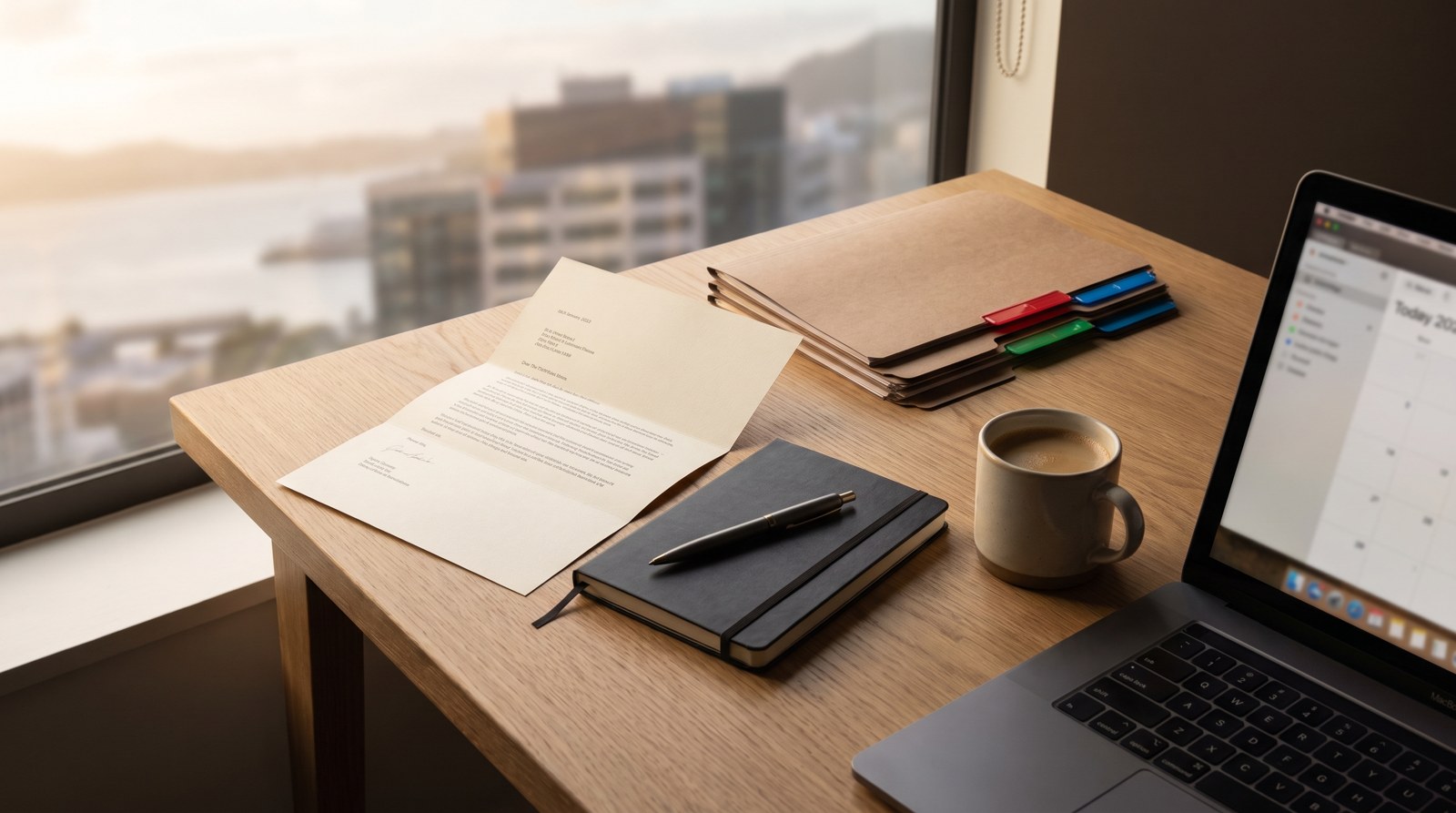 Employer’s desk with an opened letter, notebook, coffee and employee files, Wellington waterfront visible through the window