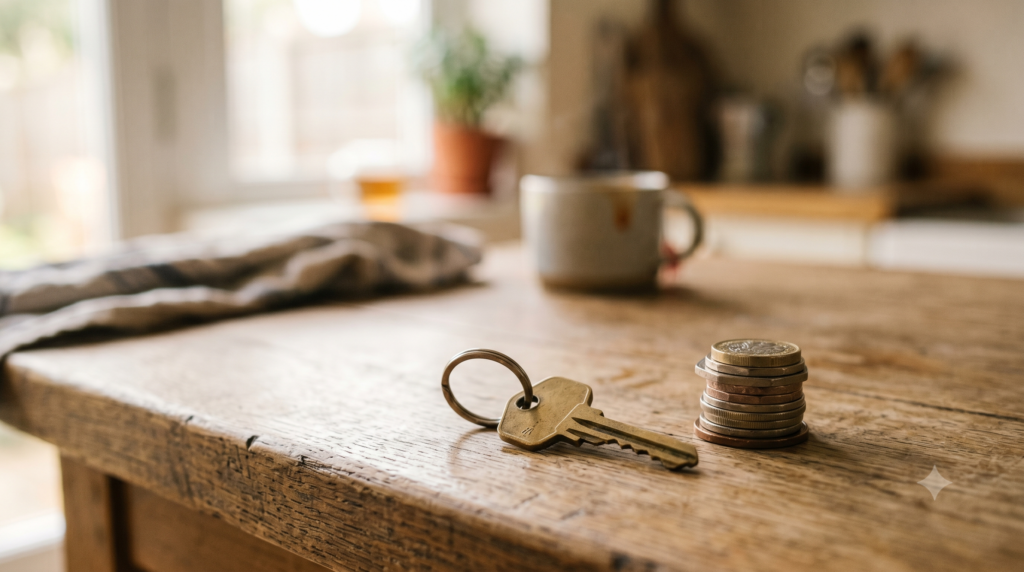 House key and a stack of coins on a kitchen bench