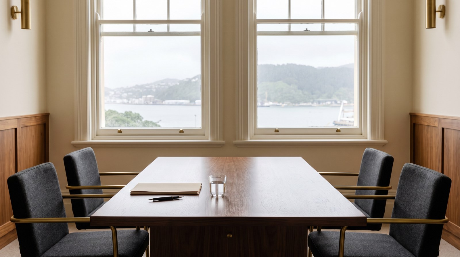 Empty meeting room with a walnut table and two chairs overlooking Wellington harbour, prepared for a workplace investigation meeting