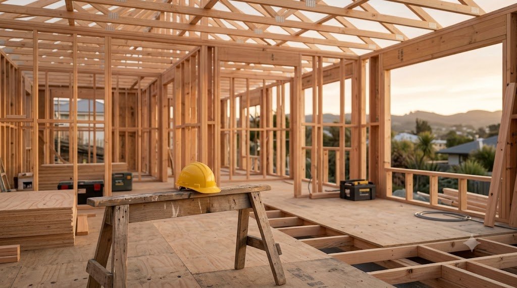 Timber house framing on a New Zealand residential building site