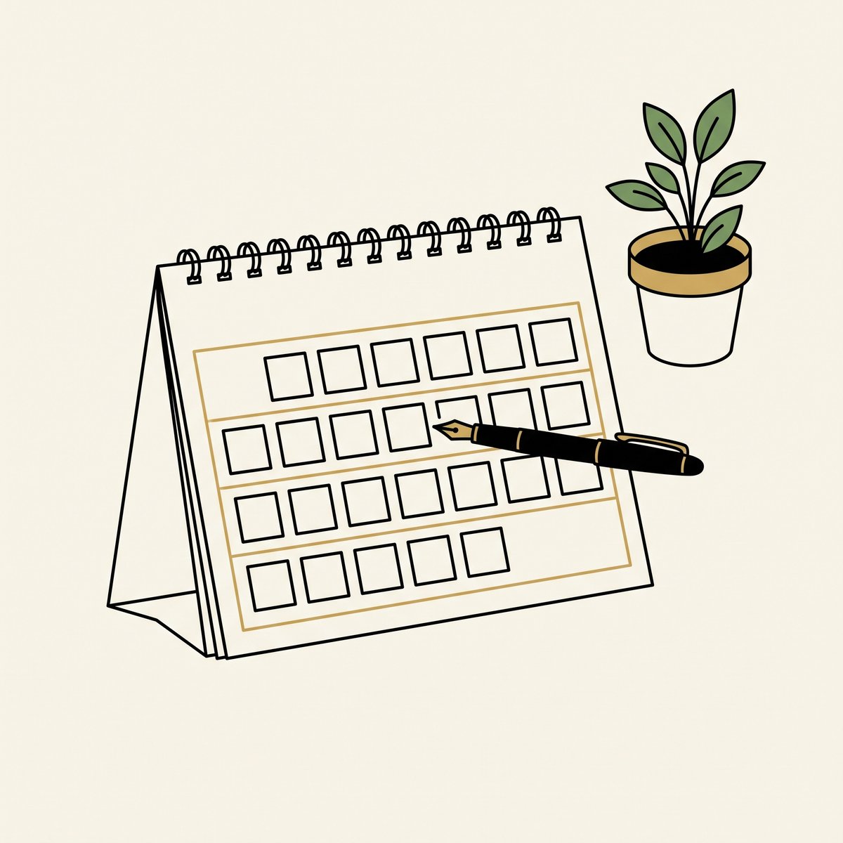Illustration of a blank desk calendar with a gold underline across four rows, a black fountain pen and a potted plant: a four-week notice period and garden leave in New Zealand
