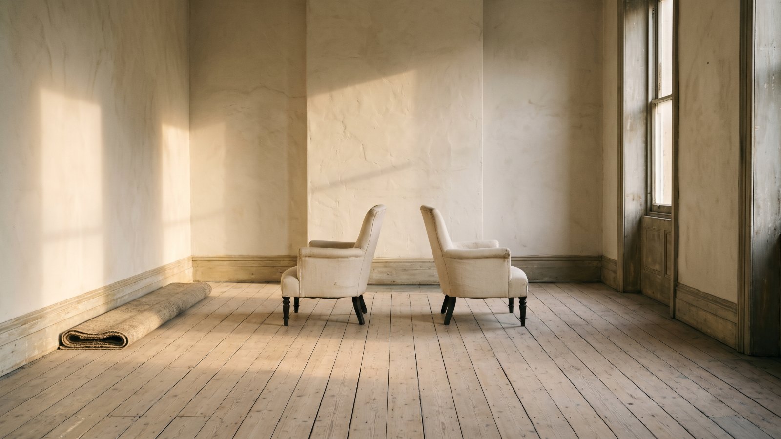 Two cream linen armchairs turned away from each other in an empty room with bare floorboards, a rug rolled up against the skirting board in low morning light