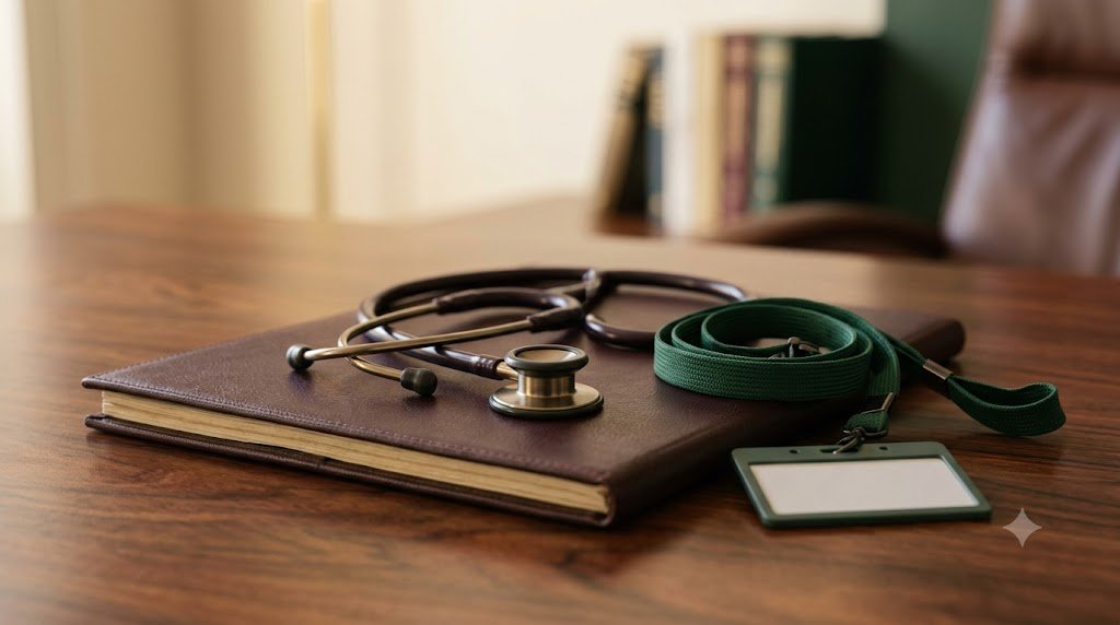 Stethoscope and hospital lanyard resting on a folder of paperwork
