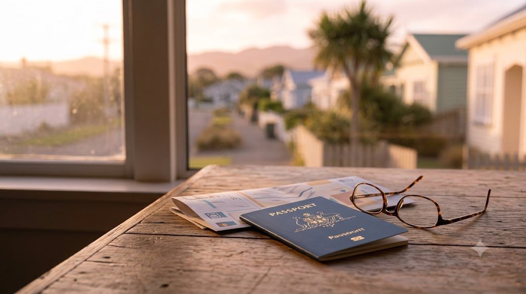 Passport and travel documents on a desk by a window