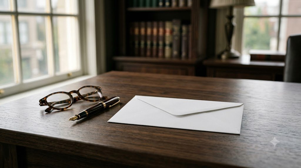 A formal letter waiting unopened on a desk beside reading glasses and a pen