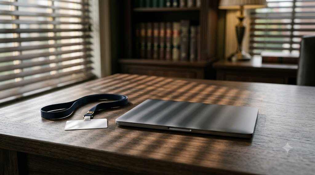 Staff lanyard and access card beside a closed laptop on an empty desk