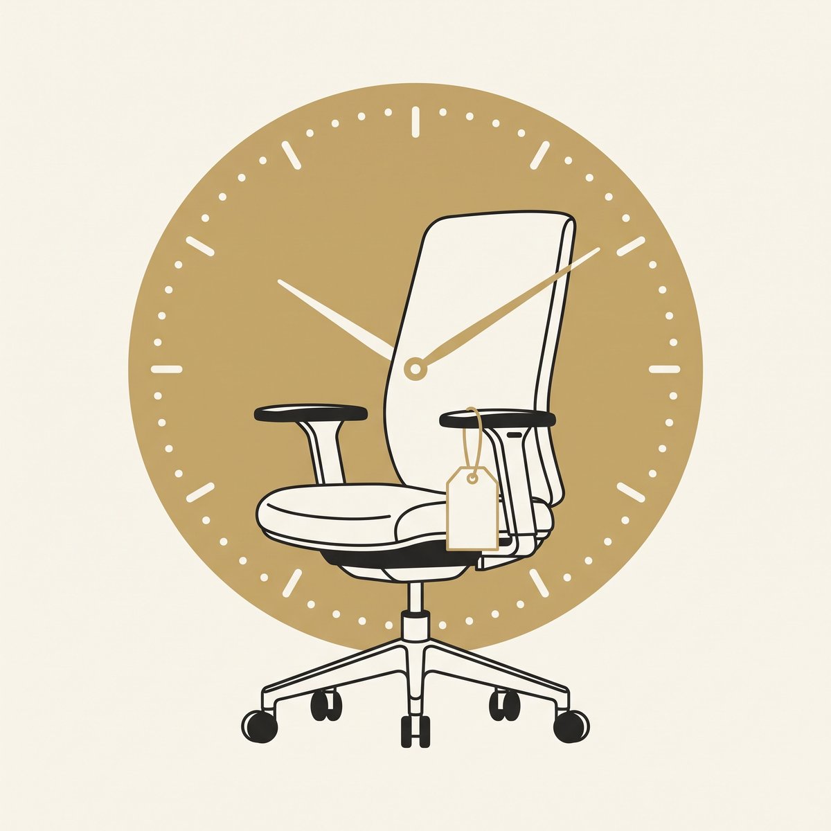 Illustration of an empty office chair with a paper tag in front of a gold clock face: time passing during a workplace suspension in New Zealand
