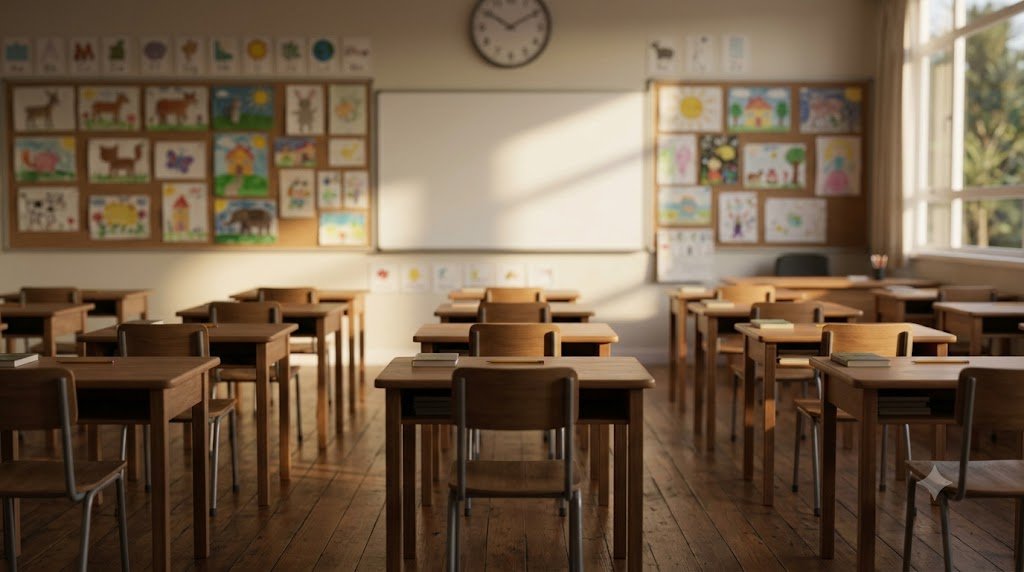 Empty New Zealand primary school classroom in morning light